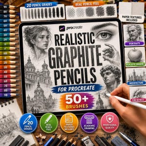 Könnte beinhalten: Ein digitaler Tablet-Bildschirm mit einem Procreate-Pinselset namens Realistic Graphite Pencils for Procreate mit über 50 Pinseln. Der Bildschirm zeigt Skizzen einer Person, einer Statue, Architektur und eines Auges sowie 20 Bleistiftgrade und Texturen.