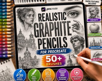 Más de 50 lápices de grafito realistas para Procreate | Pincel de dibujo académico, pincel de boceto, kit de dibujo de grafito, conjunto de lápices Procreate, sombreado