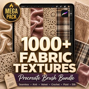 Puede incluir: Un paquete de arte digital que se muestra en una tableta, con una variedad de texturas de tela. La imagen incluye el texto "1000+ FABRIC TEXTURES Procreate Brush Bundle" y muestra muestras de punto, terciopelo, ganchillo, cuadros y seda.