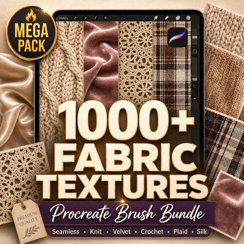 Puede incluir: Un paquete de arte digital que se muestra en una tableta, con una variedad de texturas de tela. La imagen incluye el texto "1000+ FABRIC TEXTURES Procreate Brush Bundle" y muestra muestras de punto, terciopelo, ganchillo, cuadros y seda.