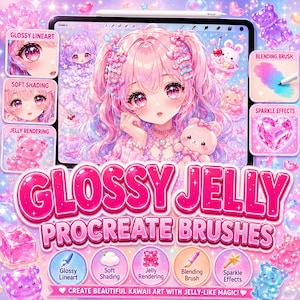 Könnte beinhalten: Eine digitale Kunst-Tutorial-Anzeige mit einer zentralen Illustration einer Figur mit rosa Haaren, umgeben von kleineren Feldern mit der Beschriftung Glossy Lineart, Soft Shading, Jelly Rendering, Blending Brush und Sparkle Effects sowie dem Text GLOSSY JELLY PROCREATE BRUSHES.