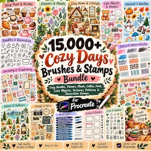 Könnte beinhalten: Ein digitales Paket mit über 15.000 Cozy Days Pinseln und Stempeln für Procreate, das eine breite Palette illustrierter Kategorien wie Lebensmittel, Pflanzen, Wohnszenen, Wetter, Texturen, Muster und dekorative Elemente umfasst.