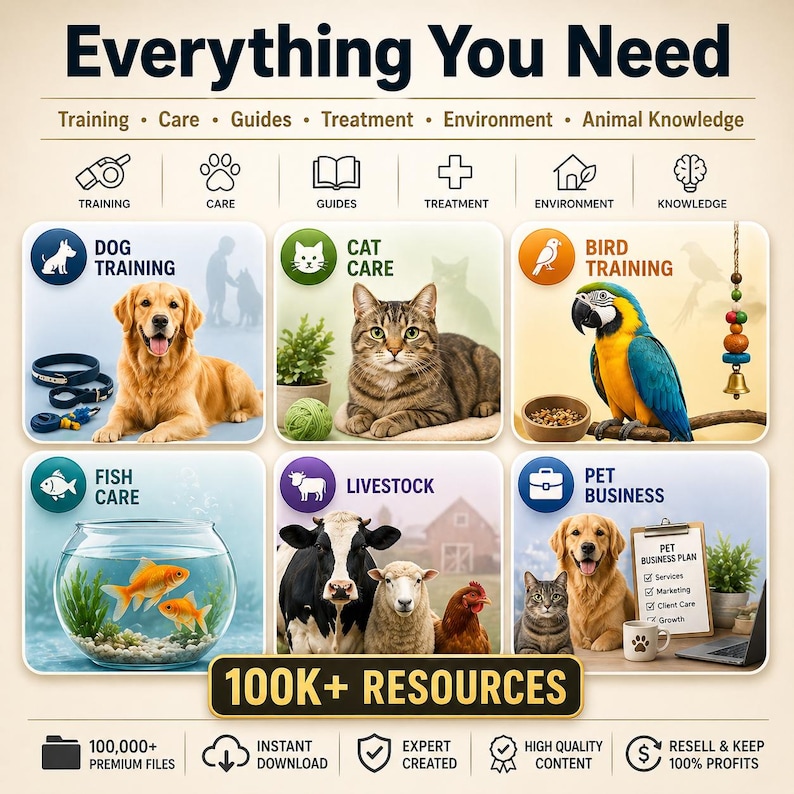 May include: An infographic with the title "Everything You Need" and icons for pet care, including dog training, cat care, bird training, fish care, livestock, and pet business. The image also includes the text "100K+ RESOURCES".