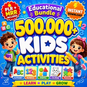 Könnte beinhalten: Ein farbenfrohes Bild, das ein Lernpaket für Kinder bewirbt. Es zeigt Cartoon-Kinder, den Text "500.000+ KINDER AKTIVITÄTEN" und Symbole für Alphabet, Zahlen, Formen, Ausmalen und Puzzles. Die Worte "Lernen, Spielen, Wachsen" sind ebenfalls enthalten.