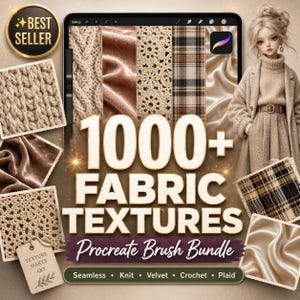 Könnte beinhalten: Digitales Procreate-Pinsel-Bundle mit über 1000 Stofftexturen, darunter Strick-, Samt-, Häkel- und Karomuster. Das Bild zeigt Stoffmuster und eine digitale Illustration einer Frau in einem Mantel.