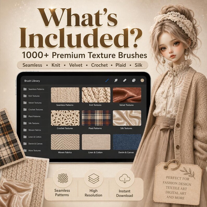 Puede incluir: Gr&aacute;fico digital que muestra una tableta con pinceles de textura para dise&ntilde;o. La imagen incluye el texto: "What's Included? 1000+ Premium Texture Brushes." Se muestran ejemplos de texturas sin costuras, de punto, terciopelo, ganchillo, cuadros y seda. Una mujer con un atuendo beige tambi&eacute;n est&aacute; en la imagen.