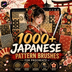 May include: A digital collection of 1000+ Japanese pattern brushes for Procreate, featuring an illustration of a person in a kimono with gold, red, and black floral motifs, alongside icons for seamless patterns, kimono designs, and sakura motifs.