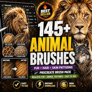 Könnte beinhalten: Procreate-Pinsel für digitale Kunst mit realistischen Tierfell-, Haar- und Hauttexturen. Das Bild zeigt einen Löwen, einen Wolf und Beispiele für Fell- und Hautmuster. Enthält den Text "145+ ANIMAL BRUSHES" und "BEST SELLER".