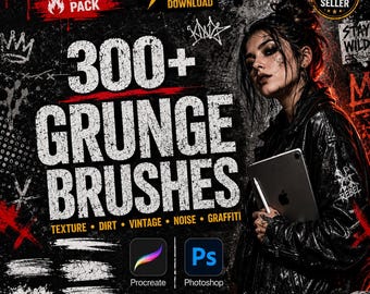 300+ Grunge Brushes for Procreate & Photoshop | Distressed Texture, Vintage, Dirt, Noise, Grain, Ink, Graffiti, Halftone, Rough Brush Bundle