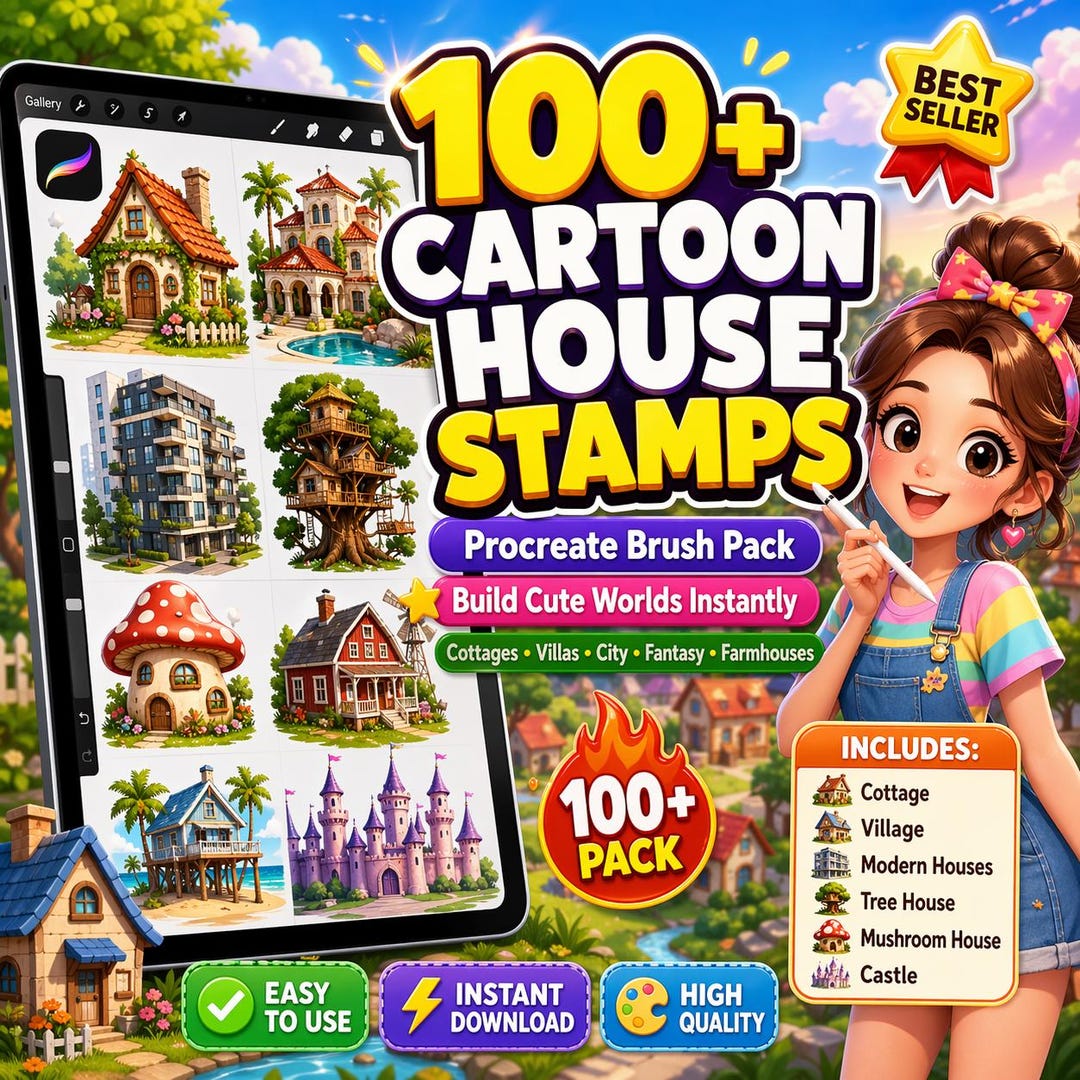 100+ Cartoon House Procreate Stamps | Building Brushes | Cute Cottage ...