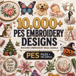 Könnte beinhalten: Eine digitale Sammlung von 10.000+ PES-Stickmustern mit verschiedenen Motiven wie Schmetterling, Welpe, schlafendem Baby, Kätzchen, Weihnachtsbaum, Kürbis, Blumenkränzen und Monogrammen, mit dem Text 10,000+ PES EMBROIDERY DESIGNS.
