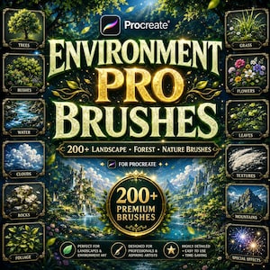 May include: A digital art advertisement for Procreate environment brushes. The image features the text "Environment Pro Brushes" with a nature-themed background. The image includes icons for trees, bushes, water, clouds, rocks, grass, flowers, leaves, textures, mountains, foliage, and special effects.