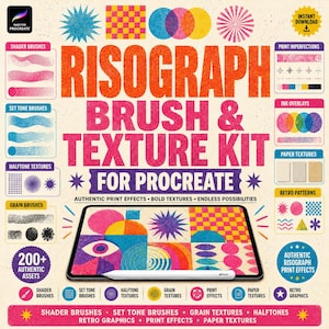 Könnte beinhalten: Ein digitales Grafikdesign-Set mit dem Titel Risograph Brush & Texture Kit for Procreate, das ein Tablet mit bunten geometrischen Mustern, Sternen und Augenmotiven zeigt, umgeben von verschiedenen Pinselstrichproben und Texturmustern.