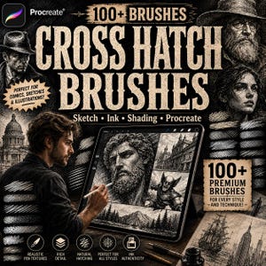 Könnte beinhalten: Digitale Kunstpinsel für Procreate mit dem Text "Cross Hatch Brushes" und "100+ Brushes". Das Bild zeigt eine Person, die ein Tablet mit verschiedenen Skizzenbeispielen verwendet. Enthält Text: "Sketch, Ink, Shading, Procreate".