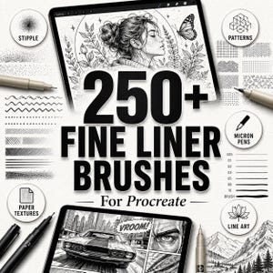 Könnte beinhalten: Ein digitales Kunstset mit 250+ Fine Liner Pinseln für Procreate, dargestellt auf zwei Tablets mit einer Porträtillustration und einer Comicszene. Enthält kreisförmige Symbole für Stippling, Muster, Micron-Stifte, Papiertexturen und Lineart.