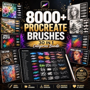 Könnte beinhalten: Werbung für ein Procreate-Pinsel-Bundle, das ein Tablet mit verschiedenen Pinselstilen zeigt. Das Bild bewirbt "8000+ Procreate Pinsel" in einem 30-in-1-Kategorien-Bundle. Beispiele für Aquarell, Gouache und digitale Malerei werden ebenfalls angezeigt.