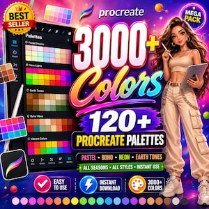 Può includere: Design di arte digitale per l'app Procreate, con oltre 3000 colori e oltre 120 palette. L'immagine include un tablet che mostra palette di colori, uno stilo e il testo "Easy to Use" e "Instant Download."