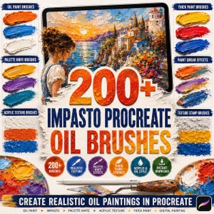 Könnte beinhalten: Ein digitales Kunstset mit über 200 Impasto-Ölpinseln für Procreate, das Farbmuster, ein Tablet mit einem Küstenlandschaftsgemälde, einen Eingabestift und ein Palettenmesser zeigt. Text: 200+ Impasto Procreate Oil Brushes.