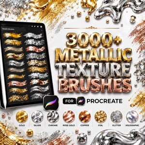 Könnte beinhalten: Ein digitales Tablet mit einer Sammlung von metallischen Texturpinseln für Procreate. Der Text lautet 3000+ METALLIC TEXTURE BRUSHES FOR PROCREATE, mit kreisförmigen Mustern, die als Gold, Silver, Chrome, Rose Gold, Copper, Foil, Glitter und Holographic beschriftet sind.