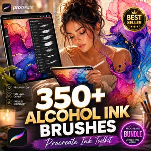 Könnte beinhalten: Eine Person verwendet ein Tablet mit einem Stift, das digitale Kunst und Pinseloptionen zeigt. Das Bild wirbt für "350+ Alcohol Ink Brushes" für Procreate, mit einem "Best Seller"-Abzeichen und Text wie "Real Ink Flow" und "Pro Level Quality".