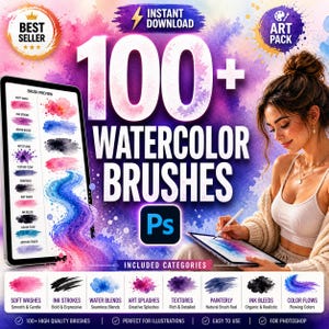 Könnte beinhalten: Digitales Kunstpaket mit über 100 Aquarellpinseln für Photoshop. Das Bild zeigt ein Tablet mit Pinselvorschauen, darunter Tintenstriche und Farbverläufe. Eine Frau benutzt einen Stift auf einem Tablet. Der Text lautet "Sofort-Download".