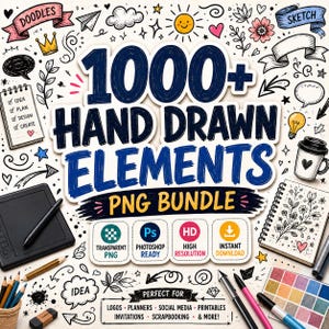 Könnte beinhalten: Ein digitales Grafikpaket mit dem Text 1000+ HAND DRAWN ELEMENTS PNG BUNDLE, umgeben von verschiedenen schwarz-weißen Doodle-Illustrationen, darunter eine Sonne, Blumen, Pfeile, eine Kaffeetasse und ein Notizblock mit einer Ideenliste.