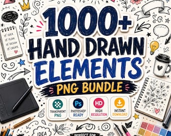 以下が含まれることがあります： 1000+ HAND DRAWN ELEMENTS PNG BUNDLEというテキストが中央に配置されたデジタルグラフィックバンドル。太陽、花、矢印、コーヒーカップ、アイデアリストが書かれたメモ帳など、様々な白黒の落書き風イラストが周囲に描かれています。
