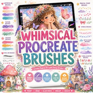 Könnte beinhalten: Ein digitales Kunstset mit dem Titel WHIMSICAL PROCREATE BRUSHES, das ein Tablet-Display mit einem Mädchen mit Blumenkranz zeigt, umgeben von verschiedenen Pinselstrichproben, magischen Stempeln, Glitzereffekten und Pilzhäusern.