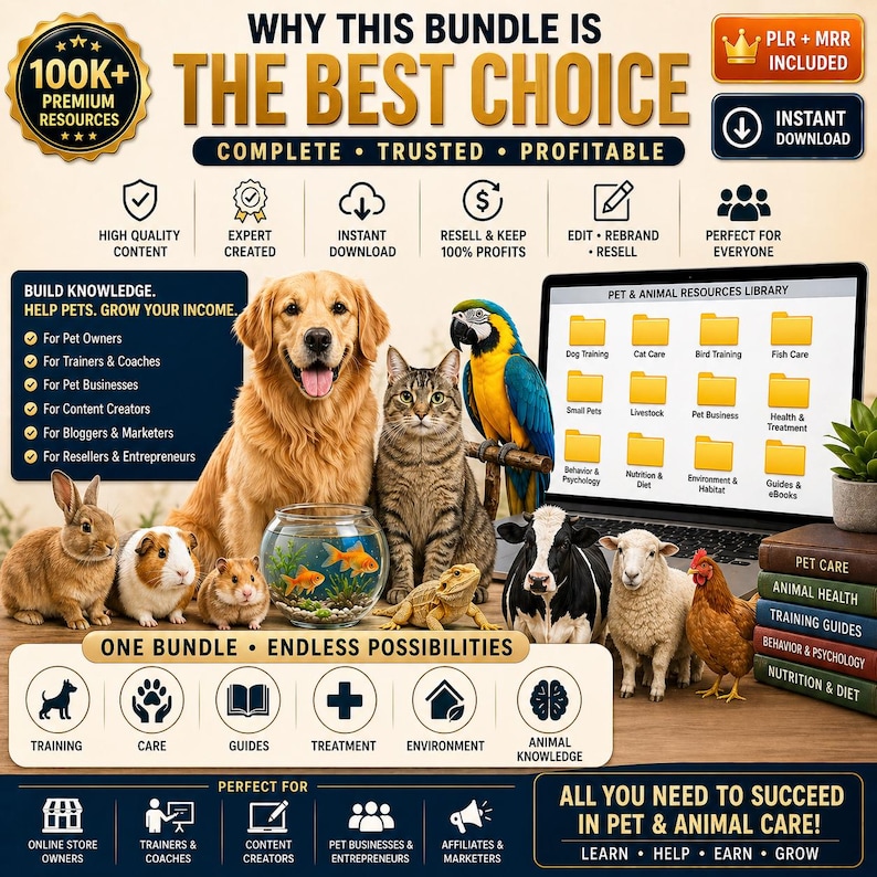 May include: An advertisement promoting a pet and animal care bundle. The image features a golden retriever, cat, parrot, and other animals. Text includes "The Best Choice," "Instant Download," and "100K+ Premium Resources." The bundle is for pet owners, trainers, and businesses.