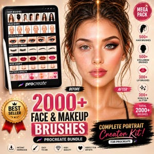 Peut inclure: Un ensemble d'art numérique pour Procreate avec plus de 2000 pinceaux de maquillage et de visage. L'image montre une comparaison avant/après. Comprend des pinceaux pour les cheveux, les yeux, les lèvres et les paillettes. Un badge "Meilleur vendeur" est visible.