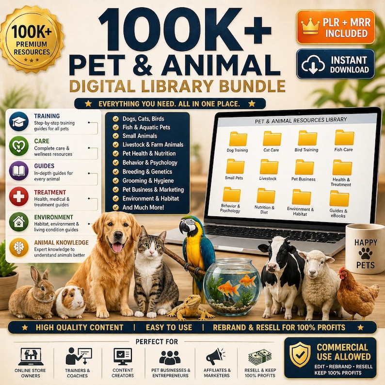 May include: A digital library bundle graphic with the text "100K+ PET & ANIMAL DIGITAL LIBRARY BUNDLE." The image includes a laptop displaying pet care resources, various animals, and icons representing training, care, and environment. The text "Everything you need. All in one place" is also included.