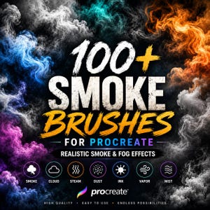Könnte beinhalten: Eine digitale Grafik mit dem Text 100+ SMOKE BRUSHES FOR PROCREATE REALISTIC SMOKE & FOG EFFECTS. Der Hintergrund zeigt wirbelnde Wolken aus blauem, orangefarbenem, weißem und violettem Rauch. Sieben kreisförmige Symbole stehen für Rauch, Wolke, Dampf, Staub, Tinte, Dunst und Nebel.