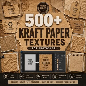 Könnte beinhalten: Eine digitale Sammlung von über 500 Kraftpapier-Texturen für Photoshop, mit verschiedenen gerissenen und zerknitterten braunen Papierproben, einer Software-Oberflächenvorschau mit einem Design-Effekt und Textbeschriftungen wie Premium Quality.