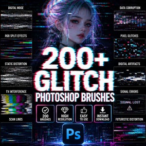 Könnte beinhalten: Eine digitale Grafik mit dem Porträt einer Person mit bläulichem Haar, umgeben von verschiedenen Glitch-Effekten wie digitalem Rauschen, RGB-Split, statischer Verzerrung und Pixel-Artefakten. Der Text lautet 200+ GLITCH PHOTOSHOP BRUSHES.