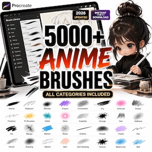 May include: Digital art illustration featuring a tablet displaying Procreate software with a brush library. The image highlights "5000+ Anime Brushes" with various brush categories. A cartoon character is drawing with a stylus.