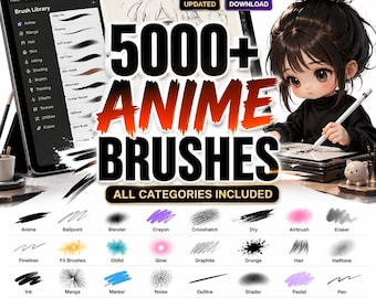Bundel met meer dan 5000 anime-penselen voor Procreate | Manga, Ghibli, Inkt, Schaduw, Haar, Huid, Textuur, Make-up, Portretpenselen | Meer dan 30 categorieën | 2026