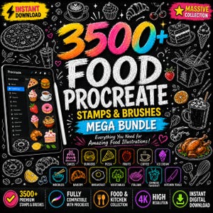 Könnte beinhalten: Eine digitale Produktwerbung für ein 3500+ Food Procreate Stempel- und Pinsel-Mega-Bundle. Der schwarze Hintergrund zeigt weiße Illustrationen im Kreidestil von verschiedenen Lebensmitteln, ein Tablet mit der Procreate-Oberfläche und Text.