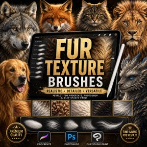 May include: A digital tablet displaying a menu for fur texture brushes with the text FUR TEXTURE BRUSHES, REALISTIC, DETAILED, VERSATILE, and logos for Procreate, Photoshop, and Clip Studio Paint. The screen shows various animal fur samples.