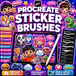 Può includere: Una grafica digitale con il testo PROCREATE STICKER BRUSHES, che mostra vari personaggi dei cartoni animati, cibi e icone colorate su uno schermo di tablet con uno stilo, insieme a un menu di impostazioni pennelli su sfondo viola.