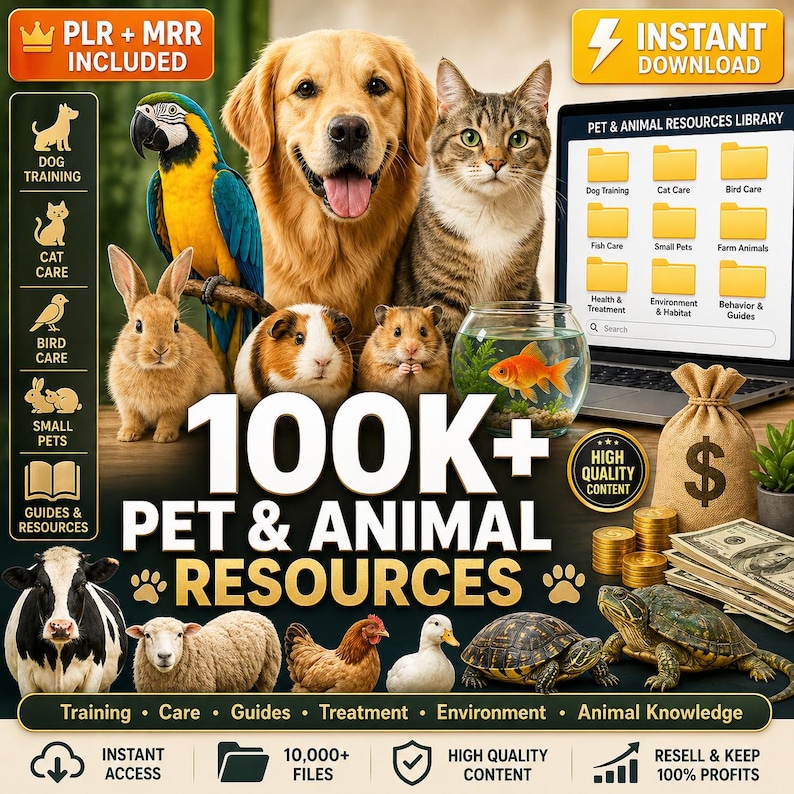 May include: A promotional image for pet and animal resources. It features a variety of animals, including a dog, cat, parrot, rabbit, guinea pig, hamster, and fish. The text reads "100K+ PET & ANIMAL RESOURCES" and "INSTANT DOWNLOAD".