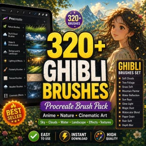 Peut inclure: Pack de pinceaux Procreate avec plus de 320 pinceaux de style Ghibli. L'image montre une tablette avec des catégories de pinceaux comme nature, ciel et eau, avec un personnage de style anime et le texte "320+ Ghibli Brushes".