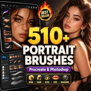 May include: Digital art brushes for Procreate and Photoshop, featuring a woman's portrait. The image includes the text "510+ Portrait Brushes" and icons for skin, hair, eyes, lips, and shading. A "Best Seller" badge is also visible.