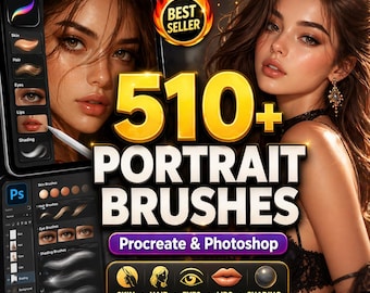 510+ Portrait Brushes for Procreate & Photoshop | Realistic Skin, Hair, Eyes, Lips, Shading Brush Pack | Digital Painting Bundle