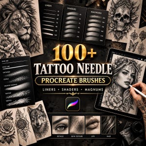 Könnte beinhalten: Eine digitale Sammlung von über 100 Tattoo-Nadel-Procreate-Pinseln mit verschiedenen Linien-, Schattierungs- und Magnum-Stilen. Die Darstellung umfasst illustrative Beispiele von Löwe, Totenkopf, Rose und Wolf sowie ein Tablet.