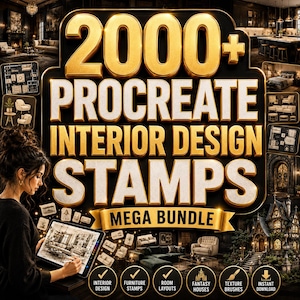 May include: A digital product advertisement featuring the text 2000+ PROCREATE INTERIOR DESIGN STAMPS MEGA BUNDLE in large gold lettering. The image displays various interior design sketches, furniture layouts, and architectural illustrations.
