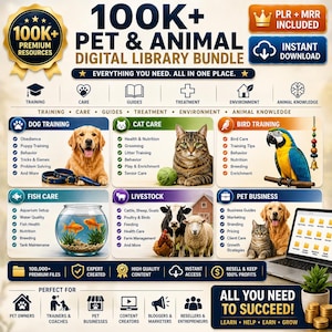 May include: Digital library bundle for pet and animal care, featuring 100K+ premium resources. Includes guides for dog, cat, bird, and fish care, livestock, and pet business. Offers instant download and resell rights.