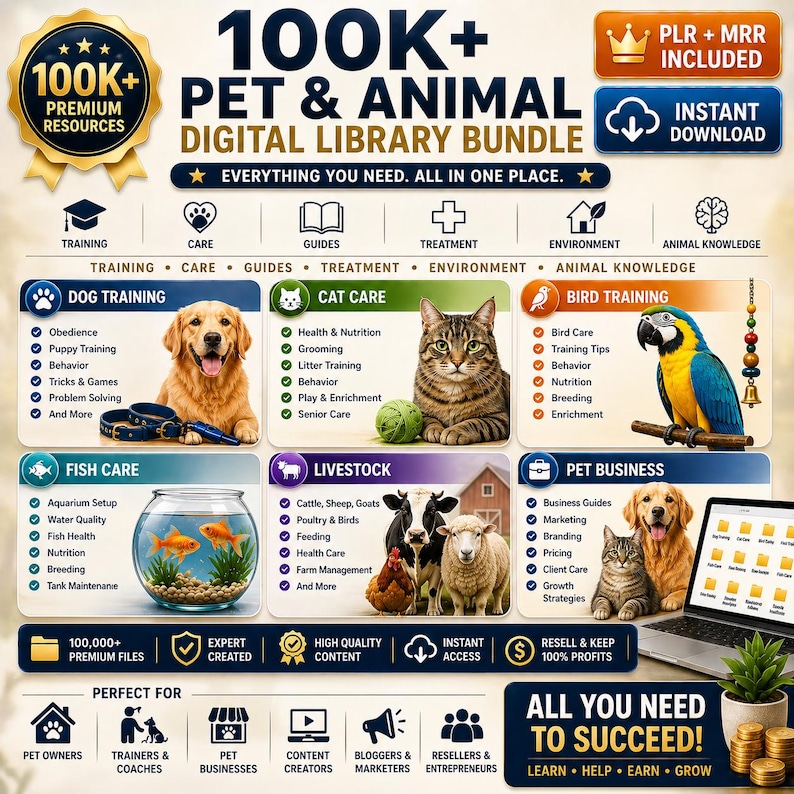 May include: Digital library bundle for pet and animal care, featuring 100K+ premium resources. Includes guides for dog, cat, bird, and fish care, livestock, and pet business. Offers instant download and resell rights.