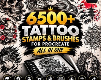 Mais de 6500 carimbos e pincéis de tatuagem para Procreate | Desenhos de tatuagem de caveira, dragão, cobra, tribal japonês, mandala, anime e gótico