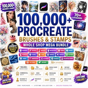 100,000+ Procreate Brushes & Stamps Bundle, Whole Shop Bundle, 70+ Categories, Tattoo, Makeup, Skin, Hair, Anime, Water, Digital Art Kit