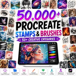 50,000+ Procreate Stamps & Brushes Bundle, Procreate Brush Set, Tattoo, Makeup, Skin, Hair, Anime, Watercolor, Texture, Digital Art Kit more